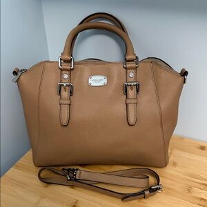 Michael Kors Ciara Large Beige Saffiano Leather Top Zip Satchel Handbag Satchel